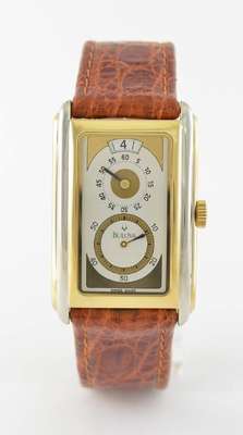 BULOVA Herrenarmbanduhr sog. Doctors-Watch, Handaufzug, Schweiz um 1996, Metallgeh. teilw. verg., beids. vergl., typ. aus der Mitte gezogene ...