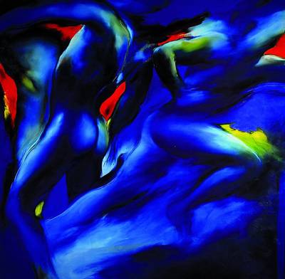 Dimont, zeitgenössischer Künstler, zwei Körper in Bewegung, Acryl auf Holz, rechts unten signiert, ca. 97x97 cm, Rahmen