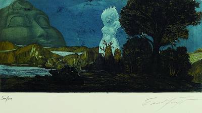 Ernst Fuchs, geb. 1930 Wien, Radierung, Zyklopische Landschaft, signiert und num. 200/200, ca. 22x47.5 cm