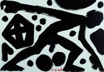 A.R. Penck, geb. 1939 Dresden, Running Man, Farboffset, handsigniert, unter Glas gerahmt, ca. 45x70 cm