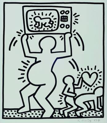 Keith Haring, 1958-1990, Lithographie, handsigniert, datiert (19)83, ca. 32x46 cm, unter Glas gerahmt