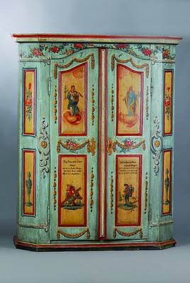 Bauernschrank, dat. 1789, Weichholz, bunt bemalt, Bemalung in den Kassetten alt belassen, restliche Bemalung aufgefrischt, Ecken abgeflacht, Kopf ...