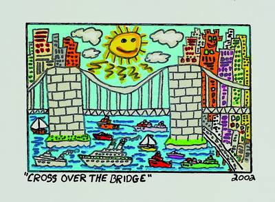 James Rizzi, 1950-2011 New York, Cross over the Bridge, Original Farblithographie von 2002 auf Bütten, Blattgr. ca. 14.5x12 cm, Motivgr. ca. 7.5x5.5 ...