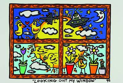 James Rizzi, 1950-2011 New York, Looking out my window, Original Farblithographie von 1995 auf Bütten, Blattgr. ca. 28x26 cm, Motivgr. ca. 20x15.5 cm