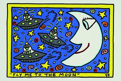 James Rizzi, 1950-2011 New York, Fly me to the moon, Original Farblithographie von 1995 auf Bütten, Blattgr. ca. 29x22 cm, Motivgr. ca. 20x14 cm