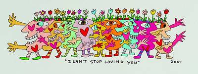 James Rizzi, 1950-2011 New York, I can´t stop loving you, Original Farblithographie von 1995 auf Bütten, Blattgr. ca. 32x14 cm, Motivgr. ca. 25x8 cm
