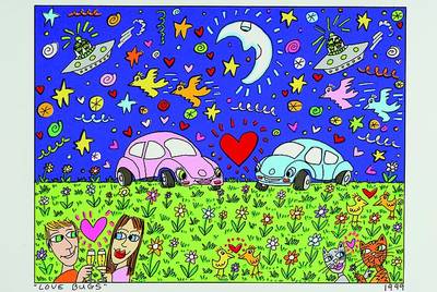 James Rizzi, 1950-2011 New York, Love bugs, Original Farblithografie von 1995 auf Bütten, Blattgr. ca. 38x31 cm, Motivgr. ca. 30.5x23 cm