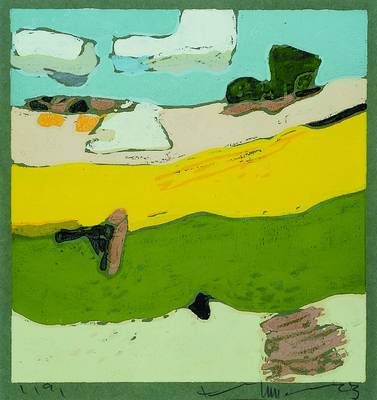 Klaus Fußmann, geb. 1938, Farblinolschnitt auf grünem Papier, handsigniert, num. 2/90, ca. 29x28 cm, unter Glas, Rahmen