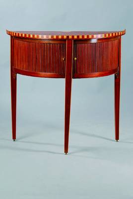 Konsolenschränkchen, um 1910, Satinholz, 2 Rollteile, Ahornintarsien, st. Gebr.-Sp., ca. 73x76x38 cm