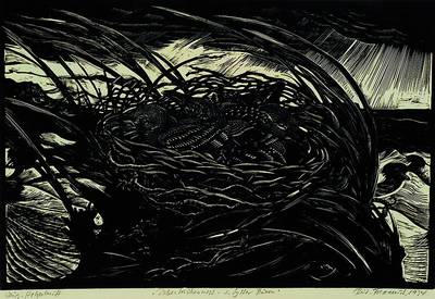 Fredderich, Rudolf, 1886-1975, Rabenkrähennest in den Sylter Dünen 1934, Holzschnitt, handsign., handbetitelt, Druckstock ca. 30x44,5 cm