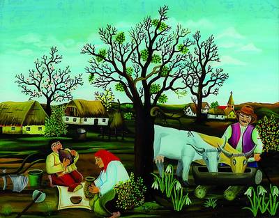 Frtalis, K., naiver Künstler aus Ex- Jugoslawien, Hinterglasmalerei, Bauernfamilie bei der Mittagsrast, signiert und datiert 1976, ca. 39x49 cm, ...