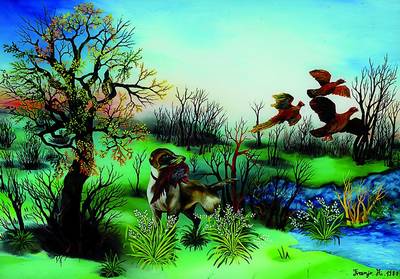 A. Franjo, naiver Maler aus den 70er Jahren,Hinterglasmalerei, Jagddarstellung mit Hund und Wildvögel, signiert und dat. 1977, 45x62 cm, Rahmen l. ...