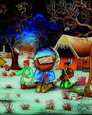 Ana Stefekov, naive Malerin aus den 70er Jahren, Winterlandschaft mit Figurenstaffage, signiert und dat. 1976, 40x30 cm, Rahmen l. bestossen