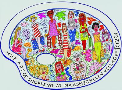 James Rizzi, 1950-2011 New York, Farbsiebdruck auf Malerpalette, The Art of Shopping at Maasmechelen Village, handsigniert, ca. 40x29 cm, unter Glas ...