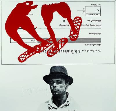 Joseph Beuys, 1921 Krefeld - 1986 Düsseldorf, Deutsche Mark Scheck, Siebdruck, handsigniert, ca. 64x63 cm