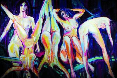 Gernot Rasenberger, geb. 1943 Frankfurt/M., studiert an der Düsseldorfer Akademie, hier: 5weibliche Akte, Acryl/Lwd, signiert, ca. 140x200 cm, Rahmen