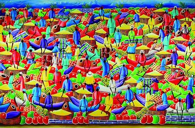 Danny, Haitianischer Künstler des 20. Jh., große Marktszene, Acryl/Lwd, signiert und datiert 1990, ca. 95x140 cm, Rahmen