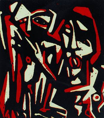 Klaus Süs, geb. 1951, Leipziger Künstler, Figuren, vier Farbholzschnitte, je ca. 17x15cm, unter Glas, R.