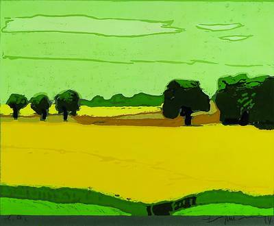 Klaus Fußmann, geb. 1938, großer Farblinolschnitt, Landschaft, E.A., handsigniert, 44x54 cm, unter Glas, Rahmen