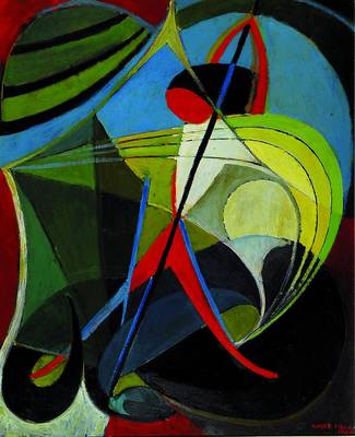 Xavier Piala, 1910-1973, abstrakte Komposition, Figur im bunten Spannungsfeld, aus Kreisbewegungen gestaltet, z.T. reine Farbigkeit, Anspielung auf ...