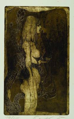 Ernst Fuchs, geb. 1930 Wien, Radierung, stehender weiblicher Akt mit Phallus, handsigniert u. num. 189/200, ca. 48x31 cm, unter Glas gerahmt