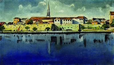 Unbekannter Künstler der 1. Hälfte des 20. Jh., Stadt am Fluß, Öl/Lwd, restauriert, ca. 42x72 cm, Rahmen