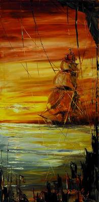 Gerhard Sperling, 1908 Dresden-1975 Bramsche, Segelschiff im Abendrot, Öl/Lwd, rechts unten signiert und dat. 8/65, ca. 80x40 cm