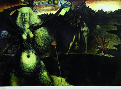 Ernst Fuchs, geb. 1930 Wien, "Gertrude Baschnegger vor dem Lebensbaum", Giclee auf schwerem handgemachten Baumwollpapier, 2012, ...