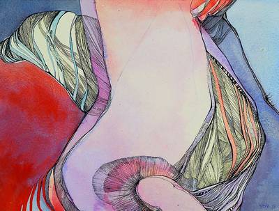 Patrick Loste, geb. 1955, abstrakt-surreale Komposition, Tusche/Aquarell auf Papier, sign. u. dat. 77, ca. 30x42cm