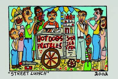 James Rizzi, 1950-2011, "Street lunch", Original Farblithographie von 2002 auf Bütten, ca. 5,5x7,5 cm, Blattgr. ca. 14x14 cm