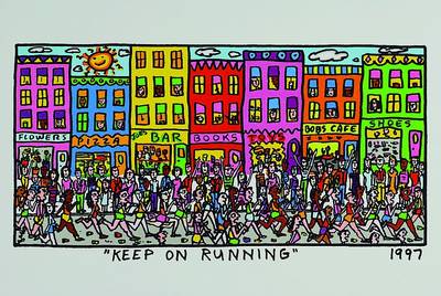 James Rizzi, 1950-2011, "Keep on running", Original Farblithographie von 1997 auf Bütten,ca. 14,5x27,5 cm, Blattgr. ca. 22,5x35 cm