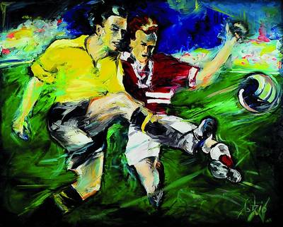 Unbekannter zeitgenössischer Maler, zwei Fußballspieler in Aktion, Öl/Lwd, rechts unten unleserlich signiert, ca. 80x100 cm, Rahmen
