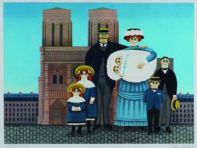 Jan Balet, 1913-2009, naiver Künstler, Studium bei Olaf Gulbransson, mehrere Ausstellungen im In- und Ausland, Farblithographie, hier: Familie vor ...