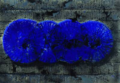 Baukhage, Gerd, 1911-1998, Mondsteine, Mischtechnik auf Papier, rechts unten monogrammiert und datiert 67, ca. 48x69 cm, PP, unter Glas, Rahmen