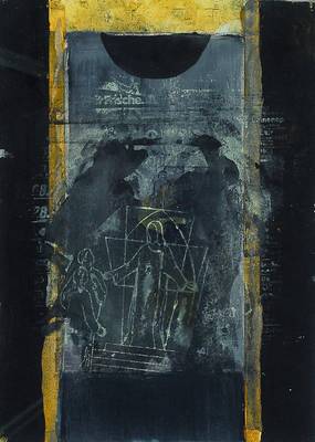 Weber, Hermann, geb. 1956 in Biberach, "Der Verbraucher", Mischtechnik auf Tapete, Wilhelmshöhe 1989, 34x24 cm, unter Glas gerahmt, R.