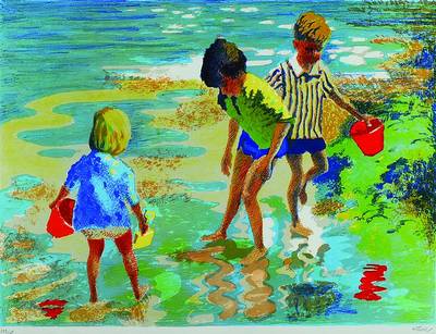 Charles James McCall, 1907-1989, Drei Kinder am Strand, Farblithographie, handsigniert und num. 122/245, ca. 36x47cm, unter Glas, Rahmen