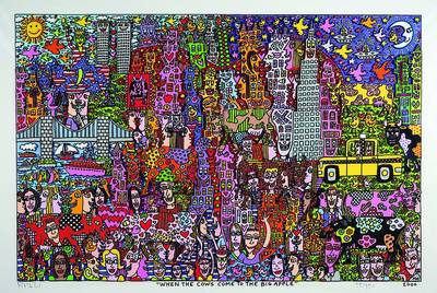 James Rizzi, 1950 New York - 2011, When the cows come to the big apple, seltene handgeschnittene Farblithographie in 3-D Konstruktion, handsigniert, ...