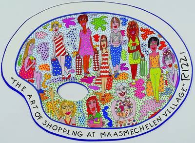 James Rizzi, 1950-2011 New York, the art of shopping at Massmechelen Village, Siebdruck- Palettenobjekt, handsigniert, unter Glas gerahmt, D.ca. 40cm