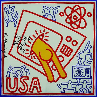 Keith Haring, 1958 Reading - 1990 New York, Farboffsetgrafik, handsigniert mit einer Zeichnung, Passepartout, unter Glas gerahmt, ca. 27x29cm