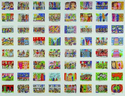 James Rizzi, 1950-2011 New York, Offsetdruck, Darstellung mit verschiedenen Rizzi-Motiven, handsigniert, datiert (19)90, unter Glas gerahmt, ca. ...