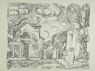 Hans Purrmann, 1880-1966, Kapelle und Brunnen in Levanto, Lithographie, drucksigniert, num. 49/1040, ca. 45x58 cm