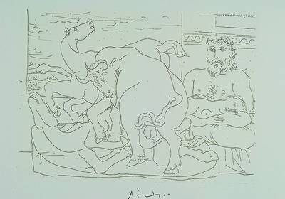 Reproduktion nach Pablo Picasso, 1881-1973, "Ruhender Bildhauer vor der Gruppe des gegen Pferde kämpfenden Stieres", Lithographie nach der ...