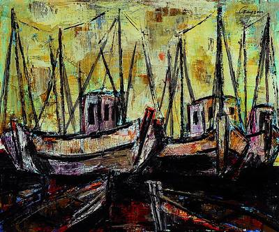 Gayzan, Fischerboote im Hafen, Öl/Lwd, signiert, ca. 54x65 cm, Rahmen