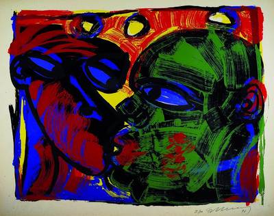 Rainer Fetting, geb. 1949, Der Kuss, Farbserigraphie, handsigniert und nummeriert 65/100, datiert 90, ca. 76.5x96.5 cm, unter Glas gerahmt