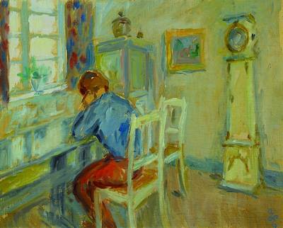 Hans Eriksen, 1912-1982, dänischer Künstler, hier: Interieur mit Person, Öl/Hartfaser, signiert, 42.5x53 cm, Rahmen