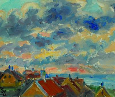 Hans Eriksen, 1912-1982, dänischer Künstler, hier: Wolkenlandschaft über Dächern, Öl/Hartfaser, signiert, ca. 26x30.5 cm, Rahmen
