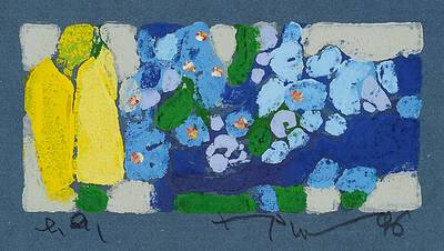 Klaus Fussmann, geb. 1938 Velbert, Farblinolschnitt, Tulpen und Vergissmeinnicht, handsigniert, bezeichnet e.a., Blattgr. ca. 9x15,5 cm