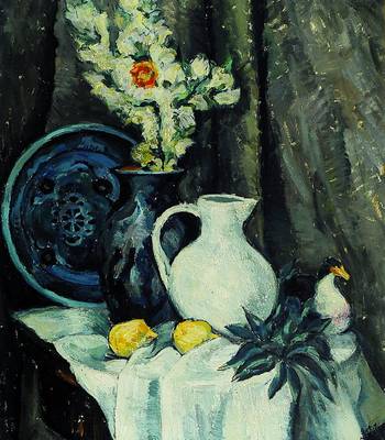 Leopold Durm, 1878-1918, Stillleben mit Vase, Kanne und Teller, Magnolienzweig und Zitronen, Öl/Lwd, rechts unten signiert, ca. 70x60cm, Rahmen
