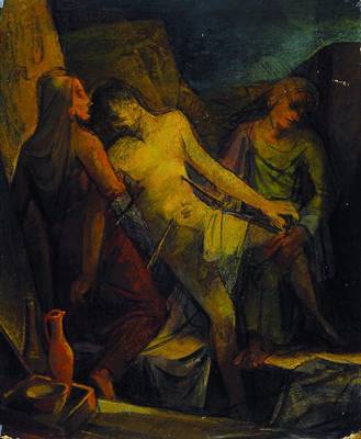 Carl Schwalbach, 1885-1983, 2 Arbeiten: im Bade, Öl/Malkarton, links unten signiert, ca. 60x40cm, Kreuzabnahme, Öl/Malkarton, unsigniert, ca. ...