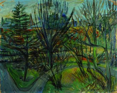 Karl Dillinger, 1882-1941, Bäume am Weg, Öl/Lwd, expressive Malerei, zwei kleine Lwd-Schäden, mehrere Farbschäden, rechts unten signiert, ca. ...